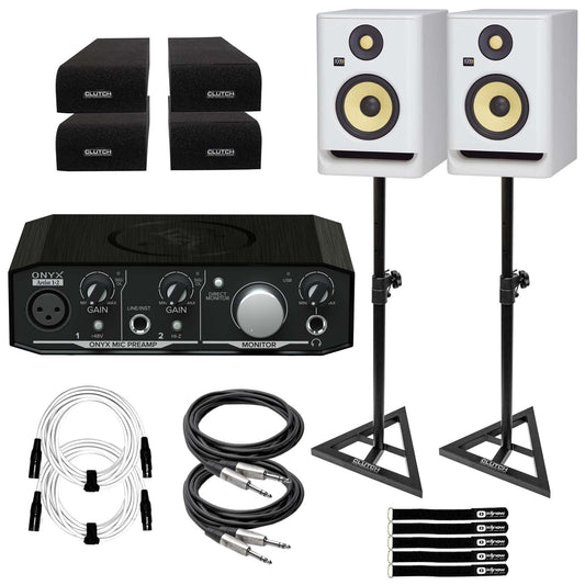 (2) KRK RP5 ROKIT G4 White Noise Edition Bi-amp Studio Monitors with Mackie Onyx Artist 1-2 2x2 USB Audio Interface Package